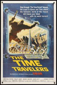 3g897 TIME TRAVELERS 1sh '64 cool Reynold Brown sci-fi art of the crack in space and time!
