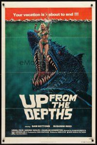 3g923 UP FROM THE DEPTHS 1sh '79 wild horror artwork of giant killer fish by William Stout!