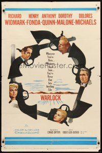 3g948 WARLOCK 1sh '59 cowboys Henry Fonda & Richard Widmark, cool revolver design!