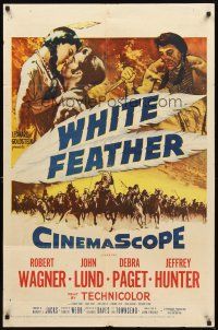 3g969 WHITE FEATHER 1sh '55 art of Robert Wagner & Native American Debra Paget!