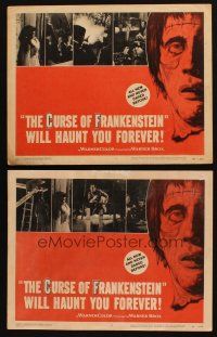 3h884 CURSE OF FRANKENSTEIN 2 LCs '57 Peter Cushing, cool close up monster artwork!