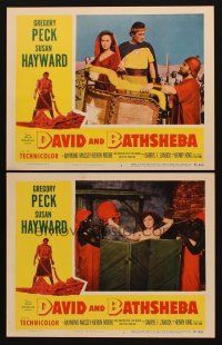 3h886 DAVID & BATHSHEBA 2 LCs '51 Biblical Gregory Peck in chariot with sexy Susan Hayward!