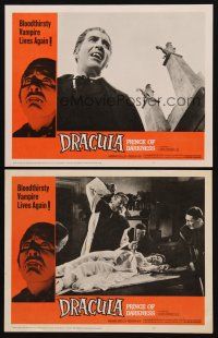 3h897 DRACULA PRINCE OF DARKNESS 2 LCs '66 c/u of Christopher Lee + vampire getting heart staked!