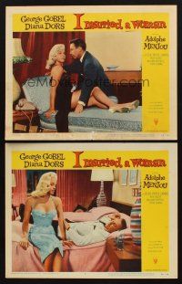 3h923 I MARRIED A WOMAN 2 LCs '58 close up of sexy Diana Dors with George Gobel laying on bed!