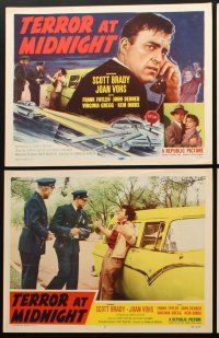 3h515 TERROR AT MIDNIGHT 8 LCs '56 Scott Brady, Joan Vohs, film noir, cool car crash art!