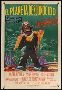 3k035 FORBIDDEN PLANET linen Argentinean '56 stone litho of Robby the Robot carrying Anne Francis!
