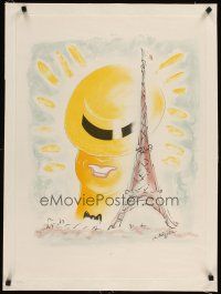 3k185 MAURICE CHEVALIER BY EIFFEL TOWER linen 21x29 art print '50s great artwork by Charles Kiffer!