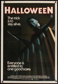 3k056 HALLOWEEN linen Aust 1sh '79 John Carpenter classic, best different image of Michael Myers!