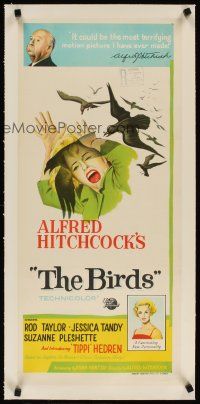 3k060 BIRDS linen Aust daybill '63 Alfred Hitchcock, stone litho of Tippi Hedren attacked by birds!