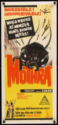 3k067 MOTHRA linen Aust daybill '62 Mosura, Toho, Ishiro Honda, monster hunts human mates!