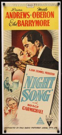 3k068 NIGHT SONG linen Aust daybill '48 different stone litho of Dana Andrews & pretty Merle Oberon