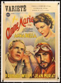 3k084 ANNE-MARIE linen pre-War Belgian '36 stone litho of Annabella & two men, one an aviator!