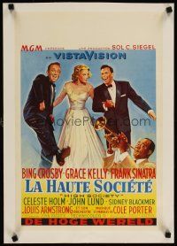 3k134 HIGH SOCIETY linen Belgian '56 art of Frank Sinatra, Crosby, Grace Kelly & Louis Armstrong!