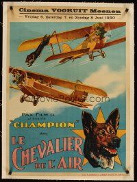 3k098 SKY RIDER linen pre-War Belgian '28 art of dog jumping from one plane to other in mid-air!