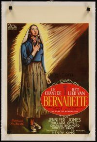 3k146 SONG OF BERNADETTE linen Belgian '47 artwork of angelic Jennifer Jones by Norman Rockwell!