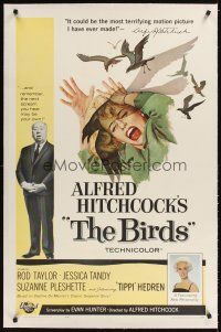 3k268 BIRDS linen 1sh '63 Alfred Hitchcock shown + art of Tippi Hedren attacked by birds!