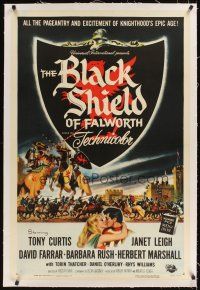 3k269 BLACK SHIELD OF FALWORTH linen 1sh '54 art of knight Tony Curtis & real life wife Janet Leigh