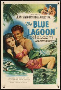 3k272 BLUE LAGOON linen 1sh '49 art of sexy stranded Jean Simmons & Donald Houston!