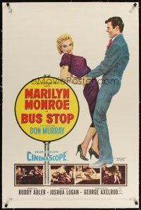 3k284 BUS STOP linen 1sh '56 great image of cowboy Don Murray holding sexy Marilyn Monroe!