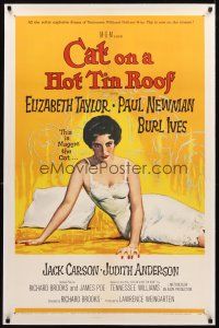 3k287 CAT ON A HOT TIN ROOF linen 1sh '58 classic artwork of Elizabeth Taylor as Maggie the Cat!