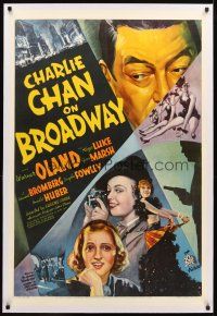 3k288 CHARLIE CHAN ON BROADWAY linen 1sh '37 great deco montage art of Warner Oland & sexy girls!