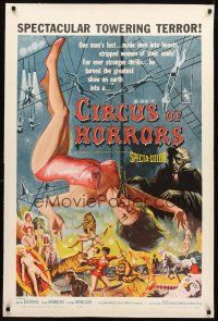3k290 CIRCUS OF HORRORS linen 1sh '60 wild horror art of super sexy trapeze girl hanging by neck!
