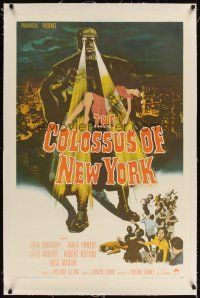 3k294 COLOSSUS OF NEW YORK linen 1sh '58 great art of robot monster holding sexy girl & attacking!