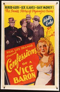3k296 CONFESSIONS OF A VICE BARON linen 1sh '42 stone litho, hired guns, sex slaves & easy money!