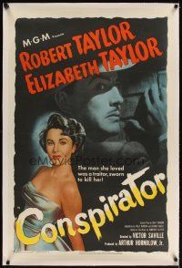3k297 CONSPIRATOR linen 1sh '49 art of English spy Robert Taylor & sexy young Elizabeth Taylor!