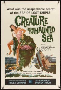 3k298 CREATURE FROM THE HAUNTED SEA linen 1sh '61 art of monster's hand in sea grabbing sexy girl!