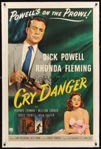 3k299 CRY DANGER linen 1sh '51 great film noir art of Dick Powell loading gun +sexy Rhonda Fleming!