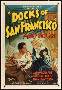 3k309 DOCKS OF SAN FRANCISCO linen 1sh '32 art of Mary Nolan & Jason Robards Sr. with smoking gun!