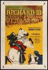 3k047 RICHARD III linen English 1sh '55 artwork of star/director Laurence Olivier on horseback!