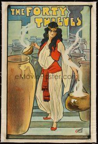 3k054 FORTY THIEVES linen stage play English double crown c1900-1910 stone litho of female lead!