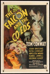 3k317 FALCON & THE CO-EDS linen 1sh '43 artwork of detective Tom Conway & pretty ladies!