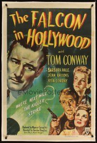 3k318 FALCON IN HOLLYWOOD linen 1sh '44 detective Tom Conway, Barbara Hale, Jean Brooks, cool art!