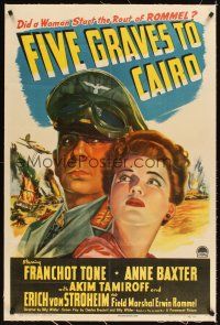 3k322 FIVE GRAVES TO CAIRO linen 1sh '43 Billy Wilder, art of Nazi Erich von Stroheim & Anne Baxter