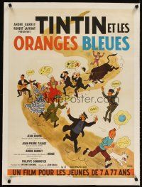 3k079 TINTIN ET LES ORANGES BLEUES linen French 23x32 R66 art by Herge, from his classic cartoon!