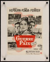 3k083 WAR & PEACE linen French 12x16 '56 Audrey Hepburn, Henry Fonda & Mel Ferrer, Leo Tolstoy epic