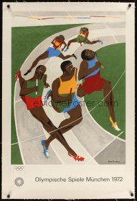 3k174 OLYMPISCHE SPIELE MUNCHEN 1972 linen German 25x40 '72 relay race artwork by Jacob Laurence!