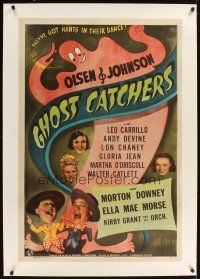 3k332 GHOST CATCHERS linen 1sh '44 Ole Olsen & Chic Johnson, wacky ghost art, it's SCARE-OOUIE!