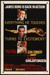 3k339 GOLDFINGER linen 1sh R80 three great images of Sean Connery as James Bond 007!