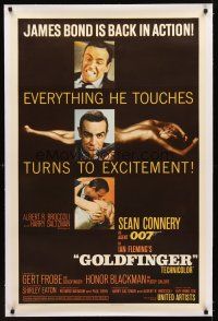 3k338 GOLDFINGER linen 1sh '64 3 great images of Sean Connery as James Bond + golden Shirley Eaton!