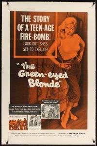 3k341 GREEN-EYED BLONDE linen 1sh '57 sexy smoking bad girl Susan Oliver in tight sweater & jeans!