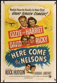 3k351 HERE COME THE NELSONS linen 1sh '51 Ozzie, Harriet, Ricky, David & Rock Hudson too!
