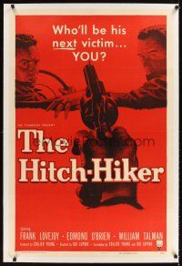 3k353 HITCH-HIKER linen 1sh '53 classic POV image of hitchhiker in back seat pointing gun at front!