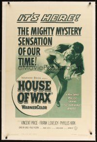 3k356 HOUSE OF WAX linen 1sh '53 great horror artwork of monster & grabbing sexy girl!
