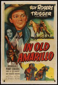 3k363 IN OLD AMARILLO linen 1sh '51 art of cowboy Roy Rogers & his horse Trigger in Texas!