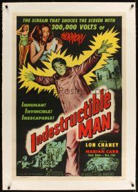 3k364 INDESTRUCTIBLE MAN linen 1sh '56 Lon Chaney Jr. as the inhuman, invincible monster!
