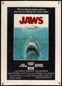 3k370 JAWS linen int'l 1sh '75 Steven Spielberg classic man-eating shark attacking sexy swimmer!